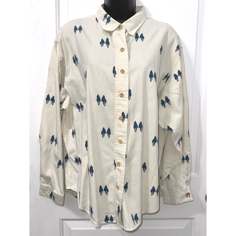 Vtg Barn Fly Western Button Up Shirt Womens Cream & navy Cowboy on horse